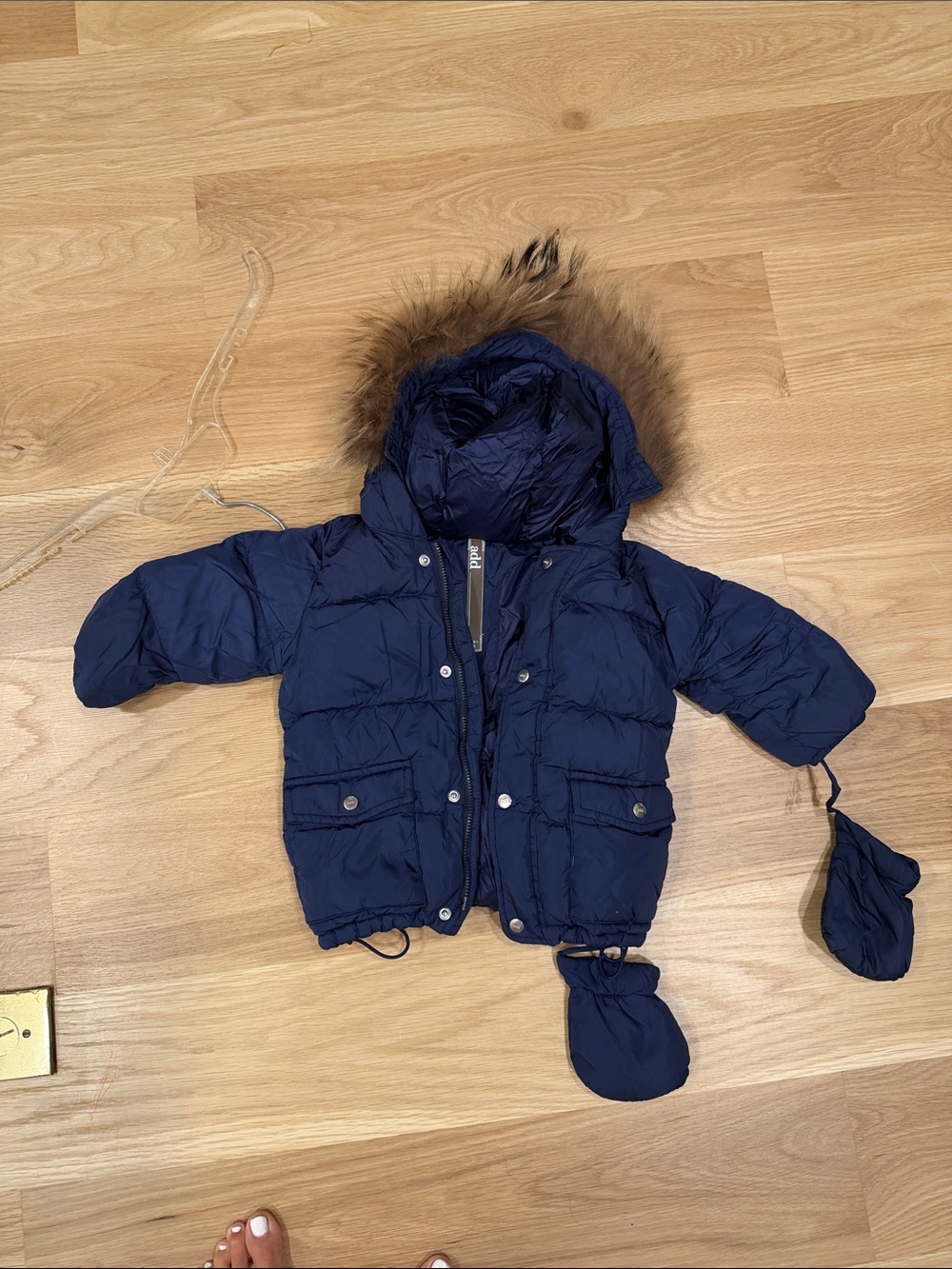 Add Down Navy Kids Hooded Puffer Jacket with Faux Fur Trim